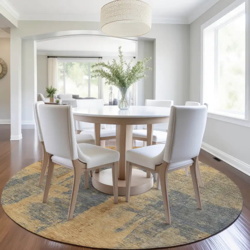 8' Gold And Charcoal Round Abstract Washable Indoor Outdoor Area Rug Photo 7