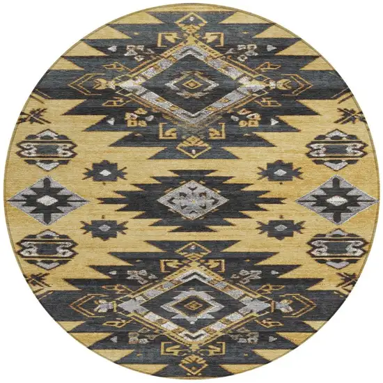 8' Gold And Charcoal Round Tribal Washable Indoor Outdoor Area Rug Photo 3