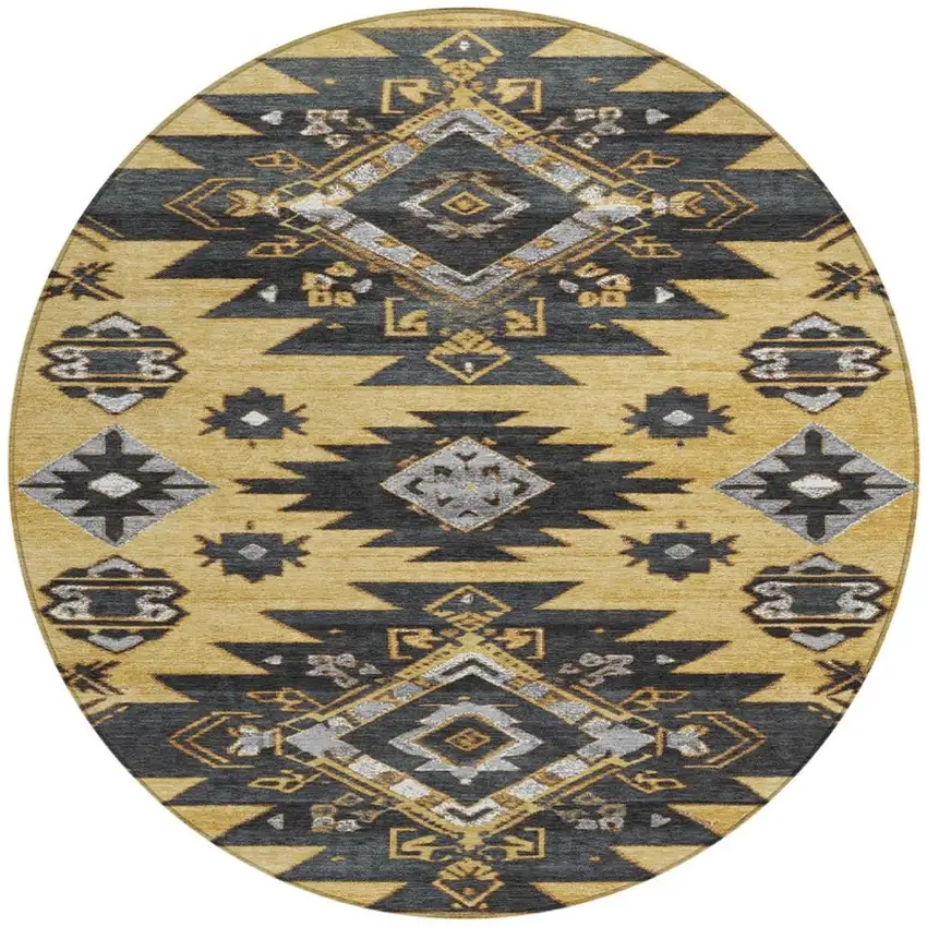 8' Gold And Charcoal Round Tribal Washable Indoor Outdoor Area Rug Photo 3