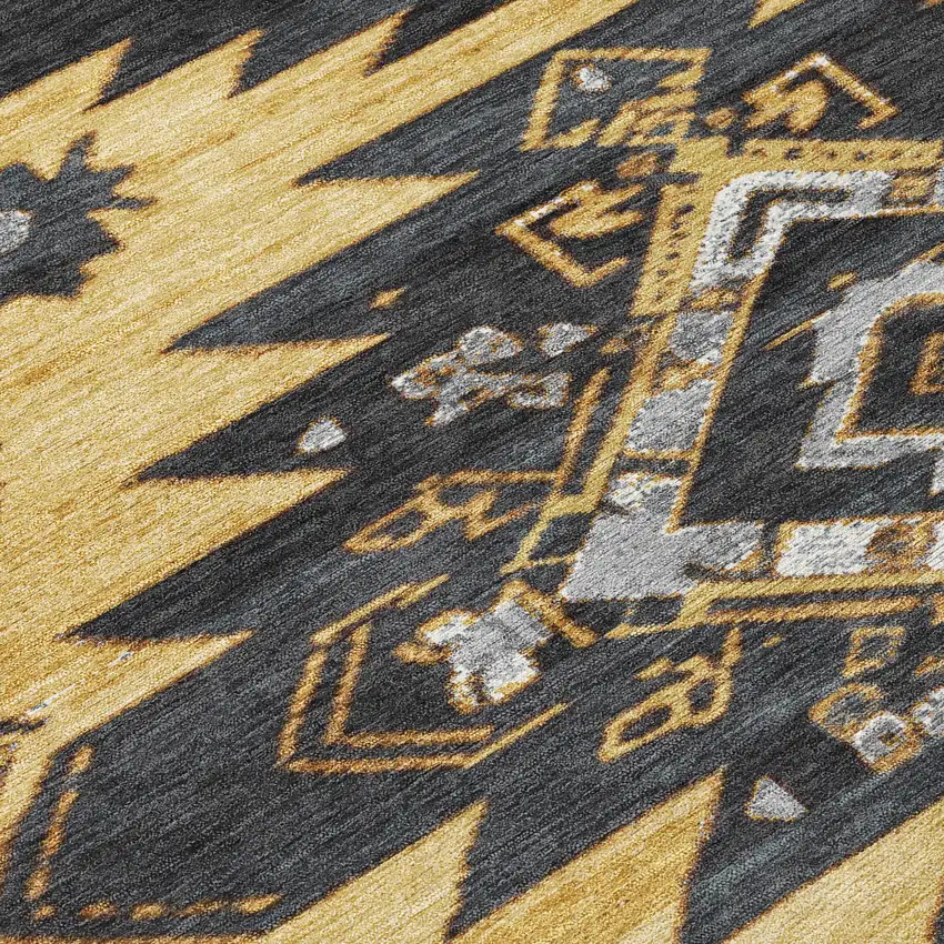 8' Gold And Charcoal Round Tribal Washable Indoor Outdoor Area Rug Photo 9