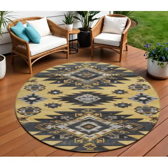 8' Gold And Charcoal Round Tribal Washable Indoor Outdoor Area Rug Photo 2