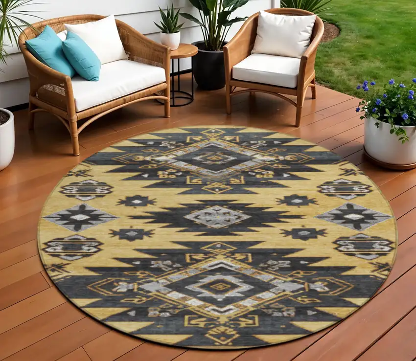 8' Gold And Charcoal Round Tribal Washable Indoor Outdoor Area Rug Photo 2