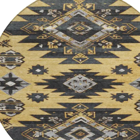 8' Gold And Charcoal Round Tribal Washable Indoor Outdoor Area Rug Photo 4