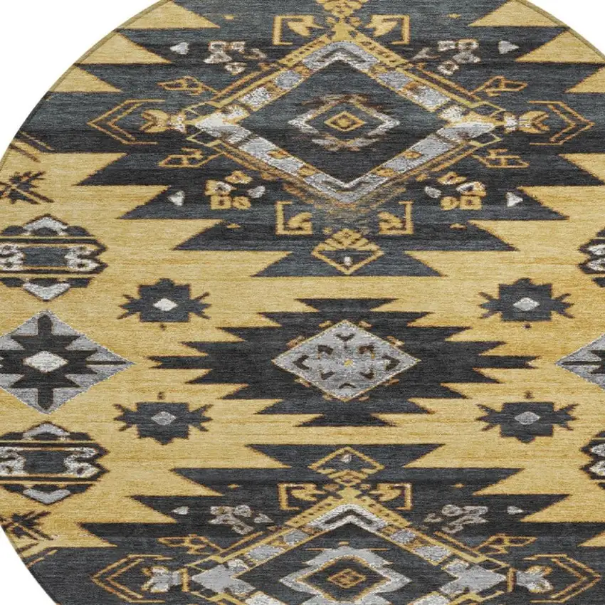 8' Gold And Charcoal Round Tribal Washable Indoor Outdoor Area Rug Photo 4