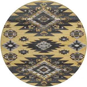 Photo of 8' Gold And Charcoal Round Tribal Washable Indoor Outdoor Area Rug