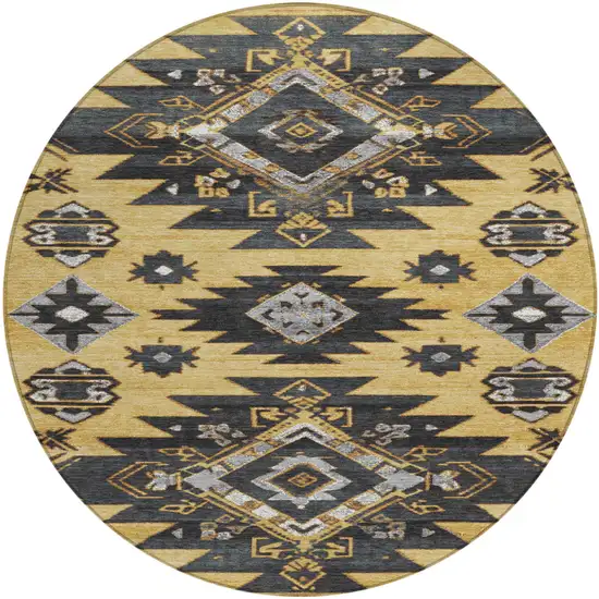 8' Gold And Charcoal Round Tribal Washable Indoor Outdoor Area Rug Photo 1