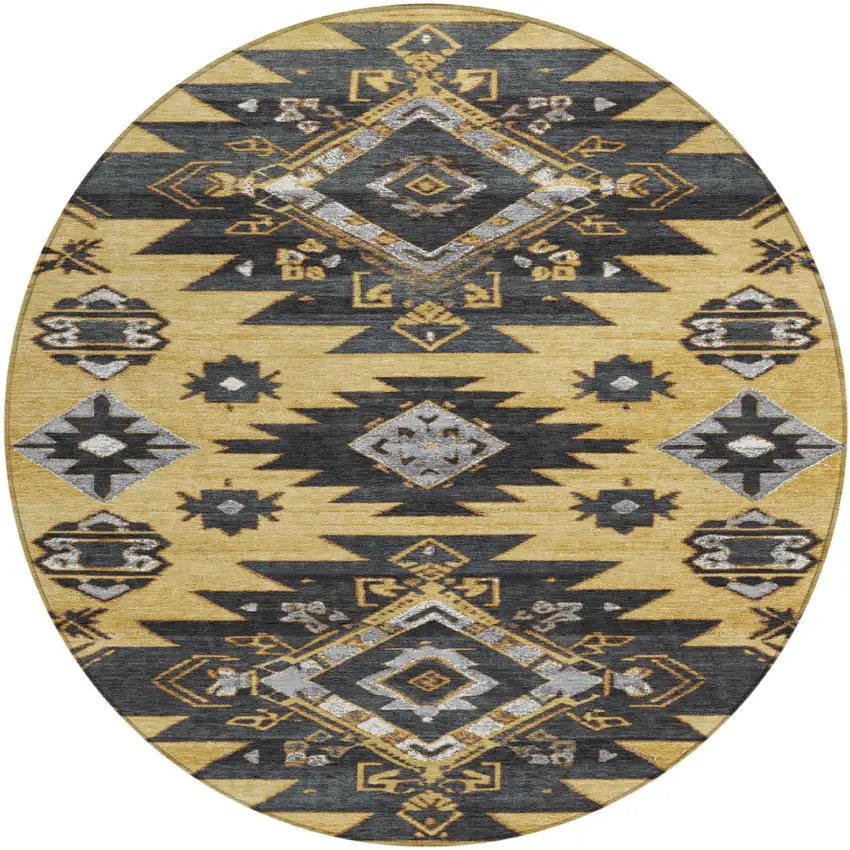 8' Gold And Charcoal Round Tribal Washable Indoor Outdoor Area Rug Photo 1
