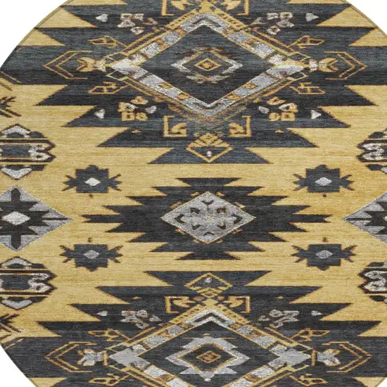 8' Gold And Charcoal Round Tribal Washable Indoor Outdoor Area Rug Photo 7