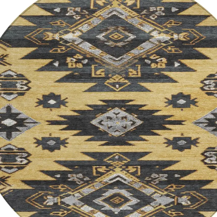 8' Gold And Charcoal Round Tribal Washable Indoor Outdoor Area Rug Photo 7