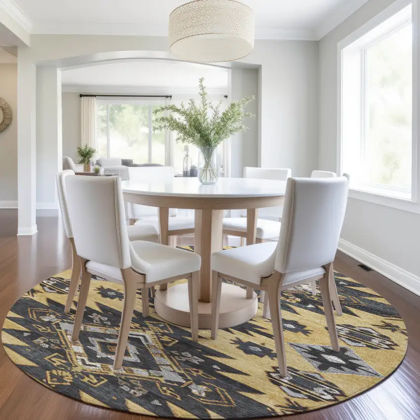 8' Gold And Charcoal Round Tribal Washable Indoor Outdoor Area Rug Photo 6