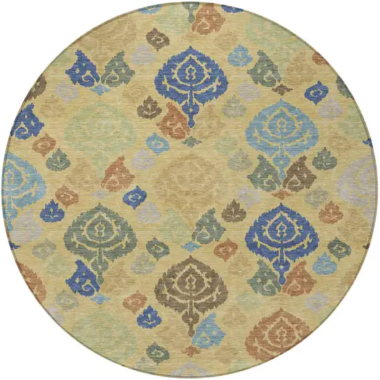 8' Gold And Chocolate Round Damask Washable Indoor Outdoor Area Rug Photo 3