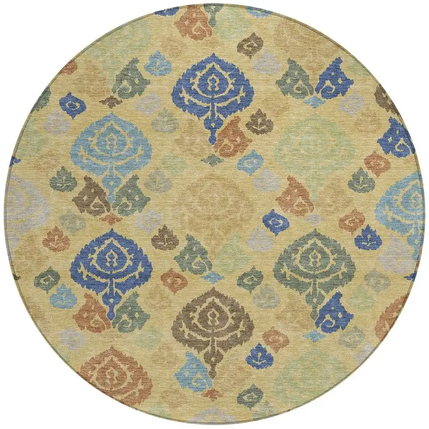 8' Gold And Chocolate Round Damask Washable Indoor Outdoor Area Rug Photo 2