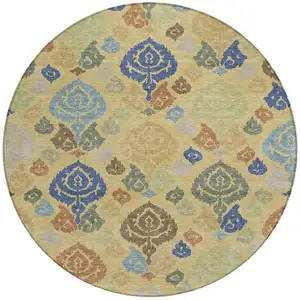 Photo of 8' Gold And Chocolate Round Damask Washable Indoor Outdoor Area Rug