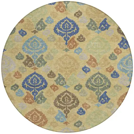 8' Gold And Chocolate Round Damask Washable Indoor Outdoor Area Rug Photo 2