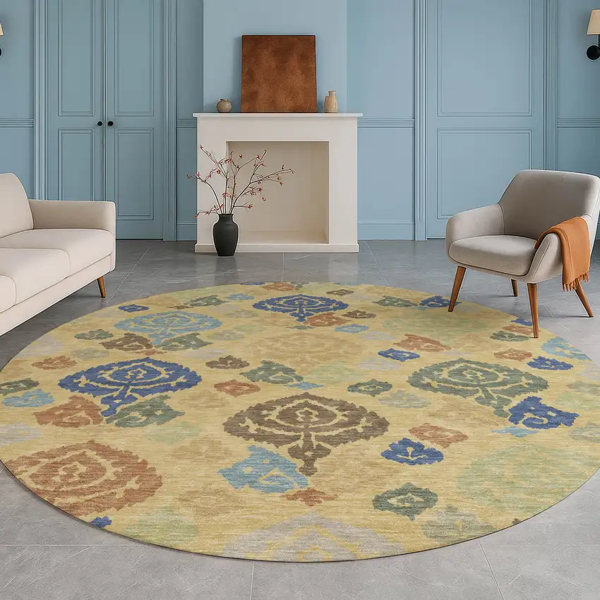 8' Gold And Chocolate Round Damask Washable Indoor Outdoor Area Rug Photo 5