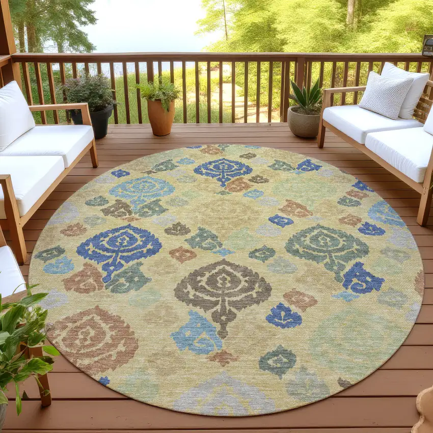 8' Gold And Chocolate Round Damask Washable Indoor Outdoor Area Rug Photo 4