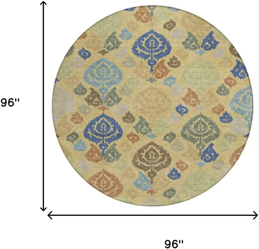 8' Gold And Chocolate Round Damask Washable Indoor Outdoor Area Rug Photo 8