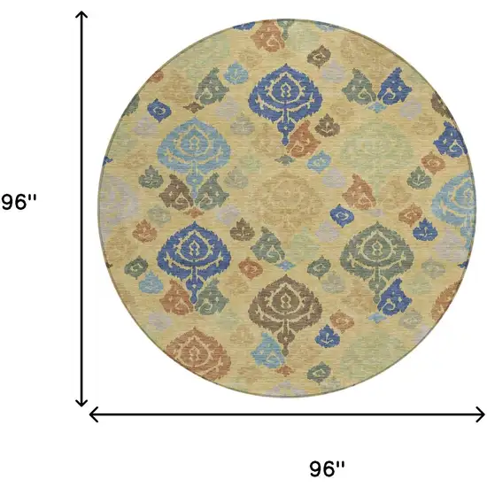 8' Gold And Chocolate Round Damask Washable Indoor Outdoor Area Rug Photo 8