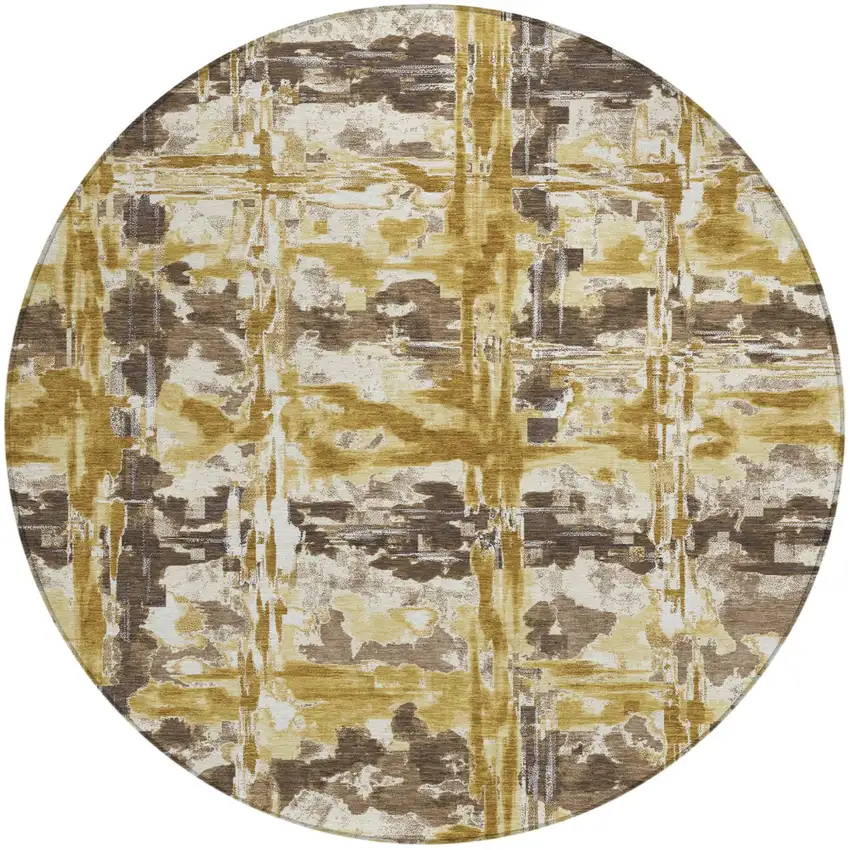 8' Gold And Coffee Round Abstract Washable Indoor Outdoor Area Rug Photo 1