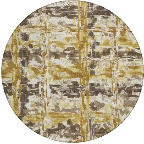 8' Gold And Coffee Round Abstract Washable Indoor Outdoor Area Rug Photo 3