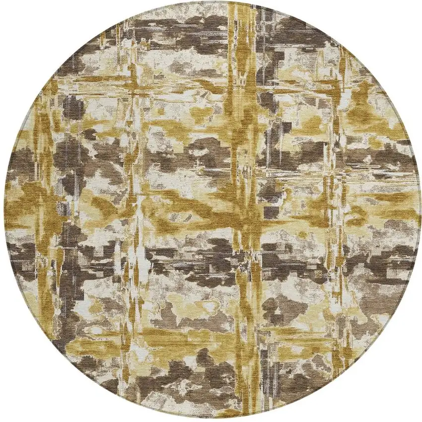8' Gold And Coffee Round Abstract Washable Indoor Outdoor Area Rug Photo 3