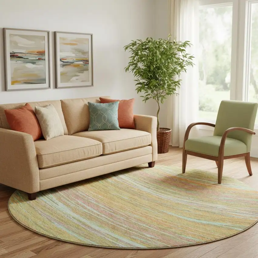 8' Gold And Copper Abstract Washable Round Rug With UV Protection Photo 2