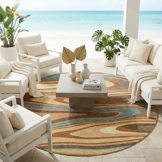 8' Gold And Copper Round Abstract Washable Indoor Outdoor Area Rug Photo 1