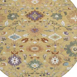 Photo of 8' Gold And Copper Round Floral Medallion Washable Indoor Outdoor Area Rug