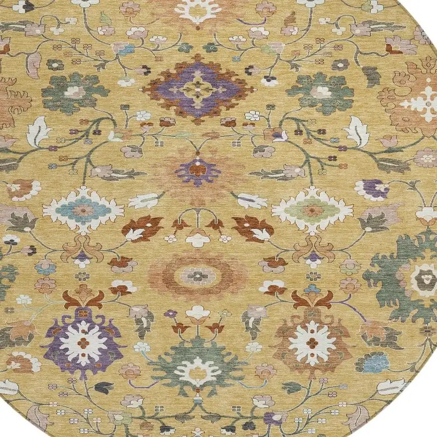 8' Gold And Copper Round Floral Medallion Washable Indoor Outdoor Area Rug Photo 2