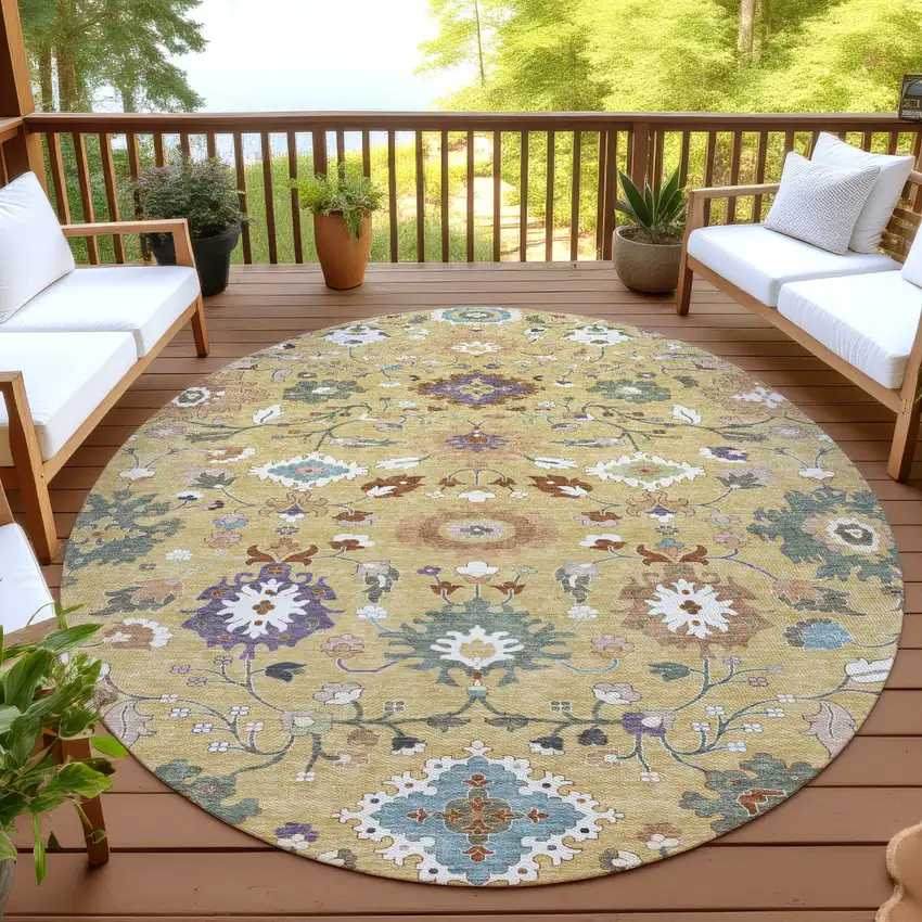 8' Gold And Copper Round Floral Medallion Washable Indoor Outdoor Area Rug Photo 4
