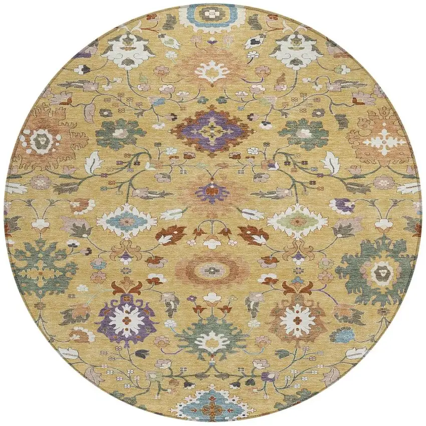 8' Gold And Copper Round Floral Medallion Washable Indoor Outdoor Area Rug Photo 3