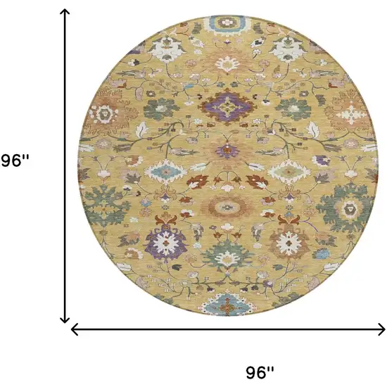 8' Gold And Copper Round Floral Medallion Washable Indoor Outdoor Area Rug Photo 8