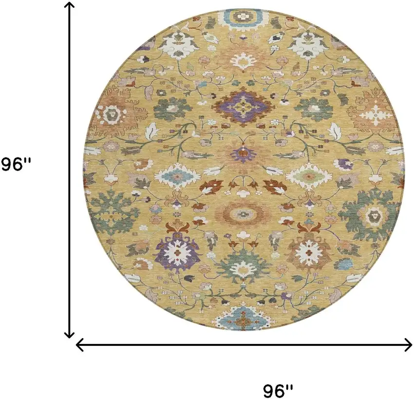 8' Gold And Copper Round Floral Medallion Washable Indoor Outdoor Area Rug Photo 8