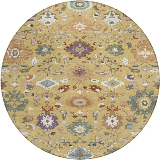 8' Gold And Copper Round Floral Medallion Washable Indoor Outdoor Area Rug Photo 1