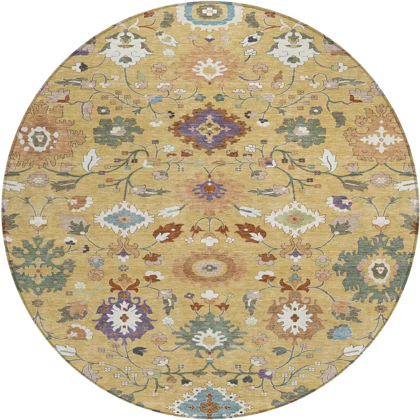 8' Gold And Copper Round Floral Medallion Washable Indoor Outdoor Area Rug Photo 1