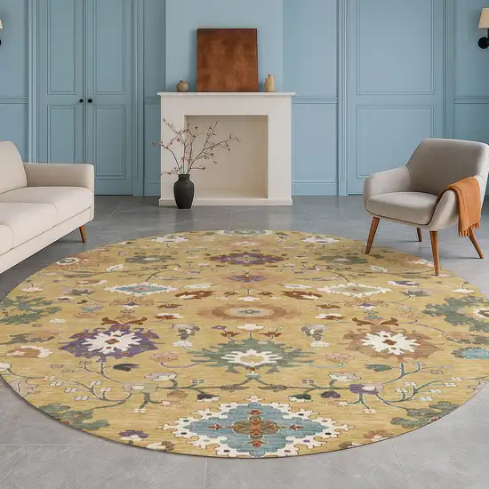 8' Gold And Copper Round Floral Medallion Washable Indoor Outdoor Area Rug Photo 5