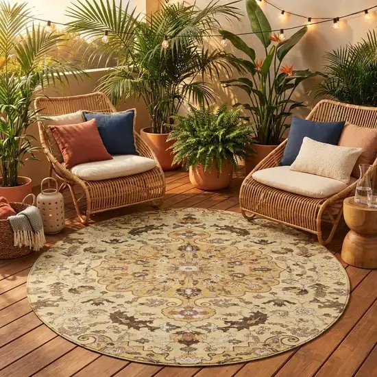 8' Gold And Copper Round Floral Medallion Washable Indoor Outdoor Area Rug Photo 1