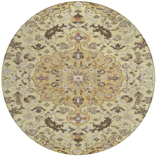 8' Gold And Copper Round Floral Medallion Washable Indoor Outdoor Area Rug Photo 4