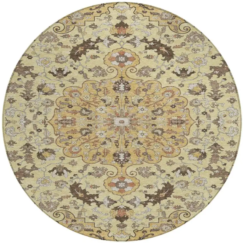 8' Gold And Copper Round Floral Medallion Washable Indoor Outdoor Area Rug Photo 4