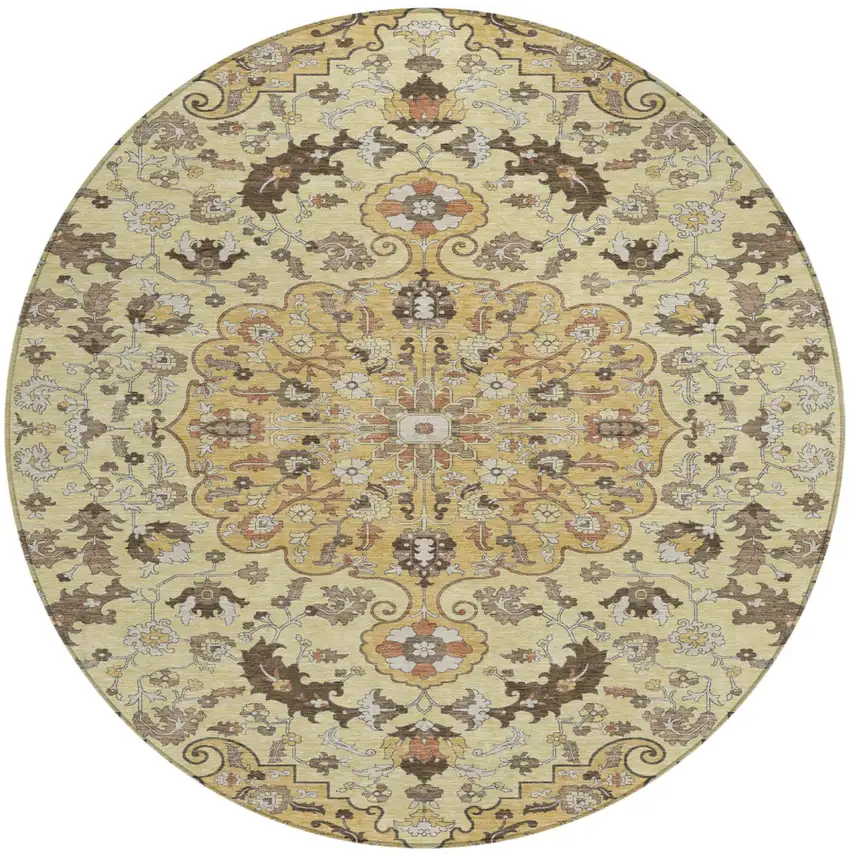 8' Gold And Copper Round Floral Medallion Washable Indoor Outdoor Area Rug Photo 2