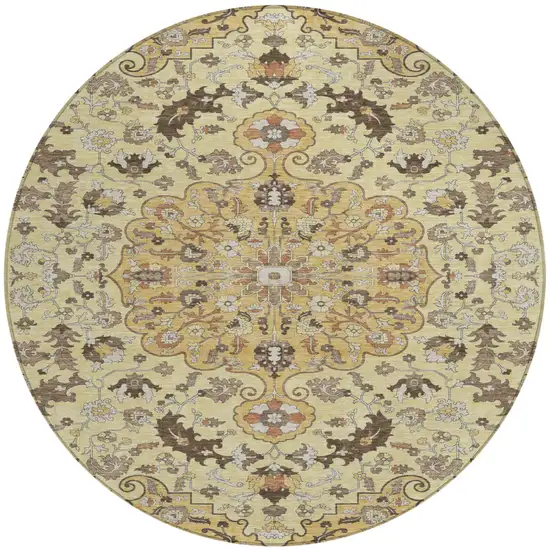 8' Gold And Copper Round Floral Medallion Washable Indoor Outdoor Area Rug Photo 2