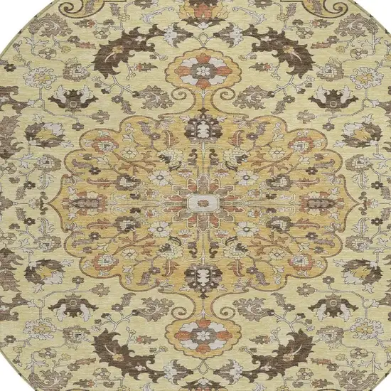 8' Gold And Copper Round Floral Medallion Washable Indoor Outdoor Area Rug Photo 3