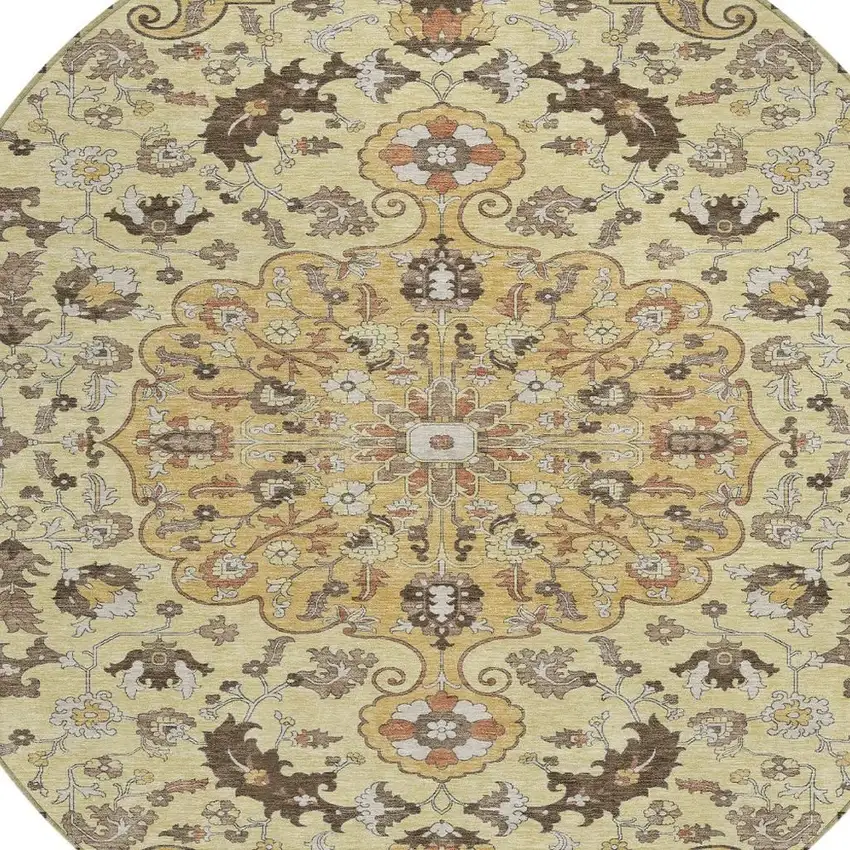 8' Gold And Copper Round Floral Medallion Washable Indoor Outdoor Area Rug Photo 3