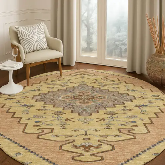 8' Gold And Copper Round Geometric Washable Indoor Outdoor Area Rug Photo 5