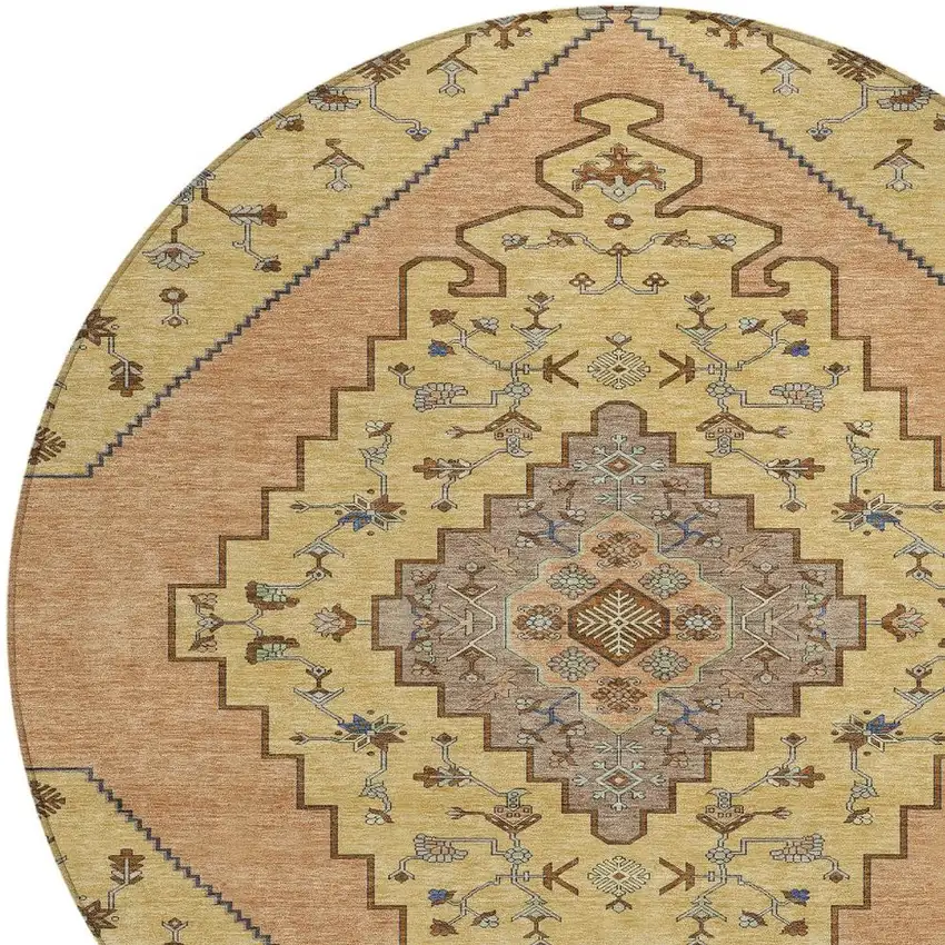 8' Gold And Copper Round Geometric Washable Indoor Outdoor Area Rug Photo 2