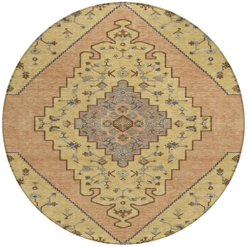 8' Gold And Copper Round Geometric Washable Indoor Outdoor Area Rug Photo 3