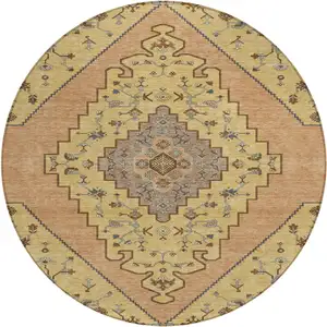 Photo of 8' Gold And Copper Round Geometric Washable Indoor Outdoor Area Rug