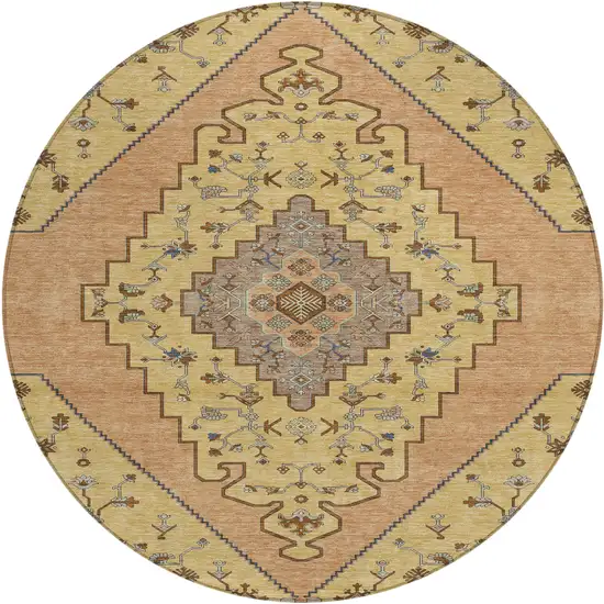 8' Gold And Copper Round Geometric Washable Indoor Outdoor Area Rug Photo 1