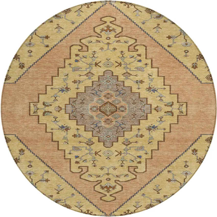 8' Gold And Copper Round Geometric Washable Indoor Outdoor Area Rug Photo 1