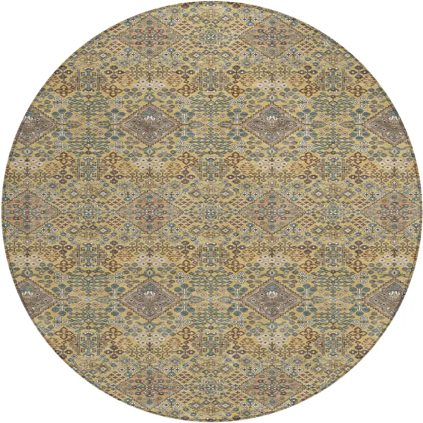 8' Gold And Copper Round Geometric Washable Indoor Outdoor Area Rug Photo 1